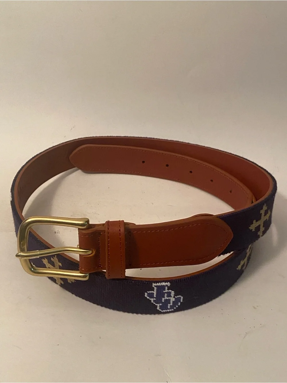 Bluegrass Fairway Navy Blue Custom Embroidered Images Canvas LeatherTrim Belt 35